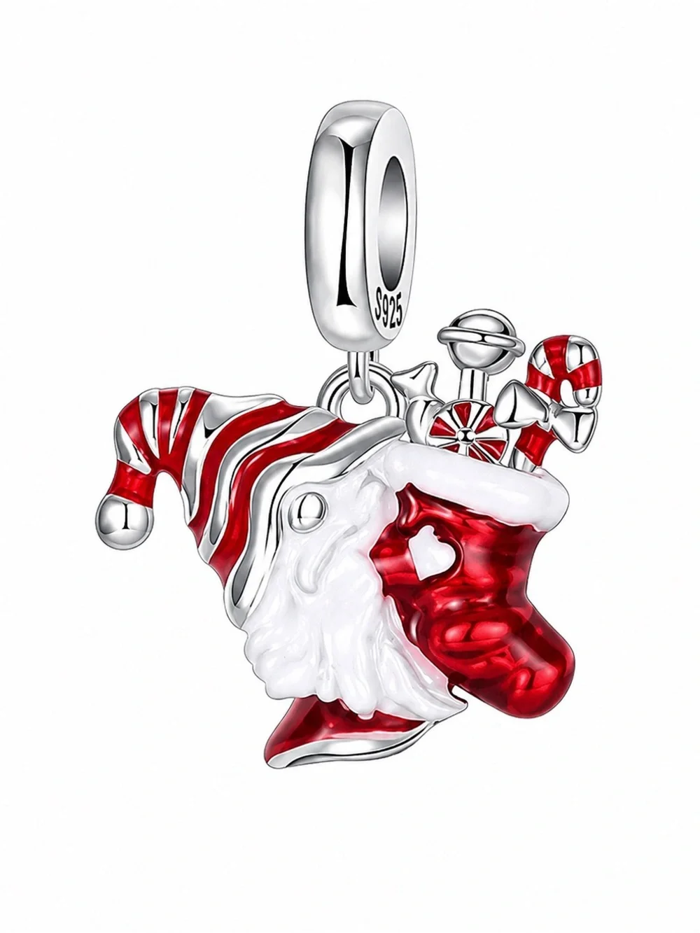 925 Santa Christmas Stocking Dangle Charm Red Enamel Holiday Gift